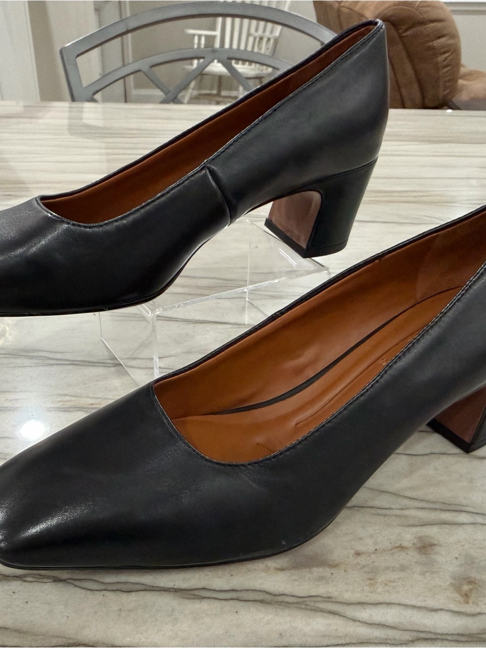 Franco Sarto Salino Black Leather Block Heel Pumps Women’s 7.5 Square Toe